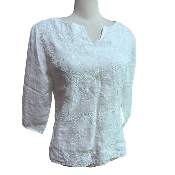 Saint Tropez Floral Embroidered Linen Long Sleeve Blouse Sz Large White 100% Lin - Picture 2 of 9